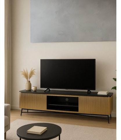 Glory - TV Ständer in gealtertem Messing mit schwarzer Marmorplatte 170 cm