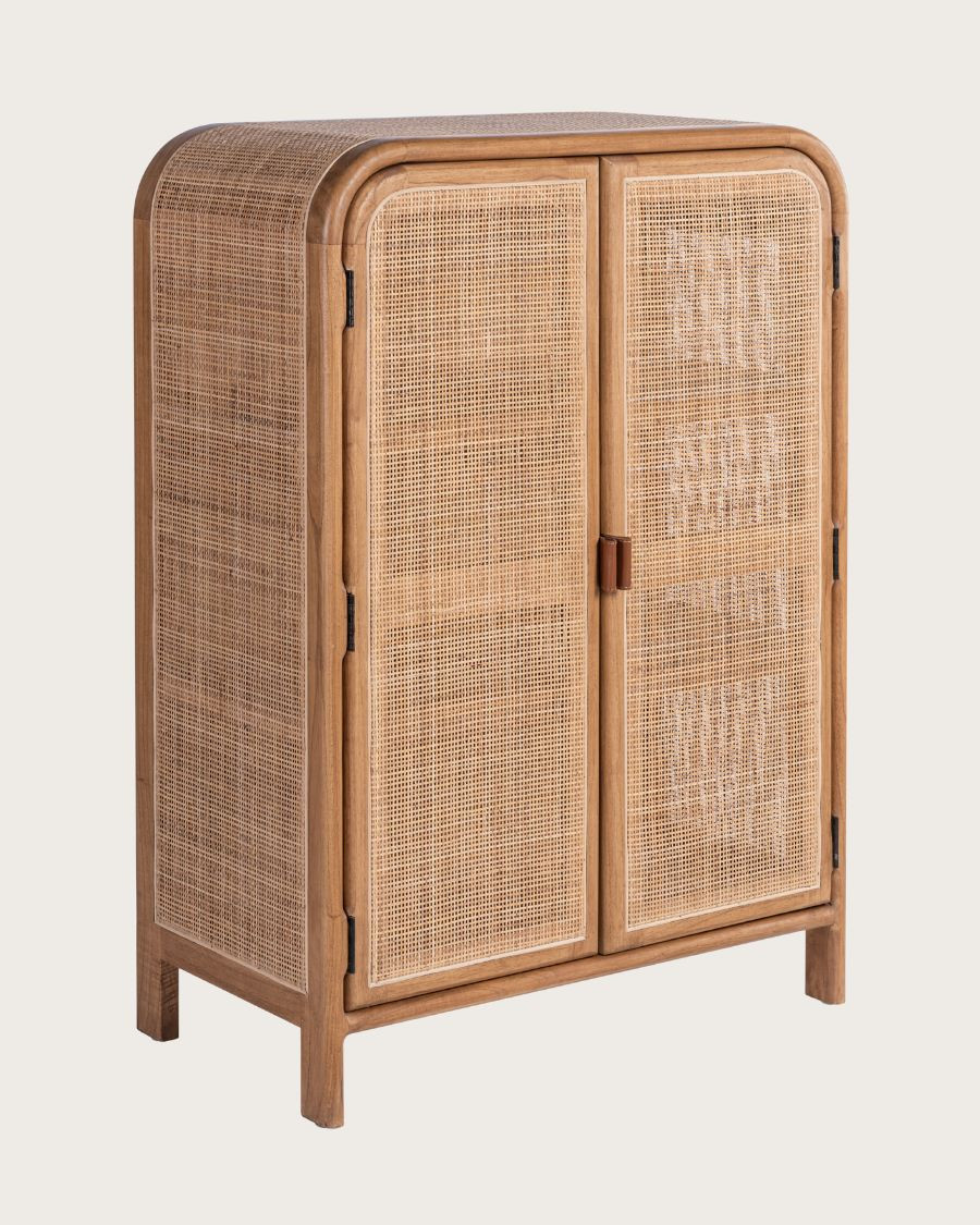 Tiraya – Kleiner Aufbewahrungsschrank aus Mindi-Holz und Naturrattan