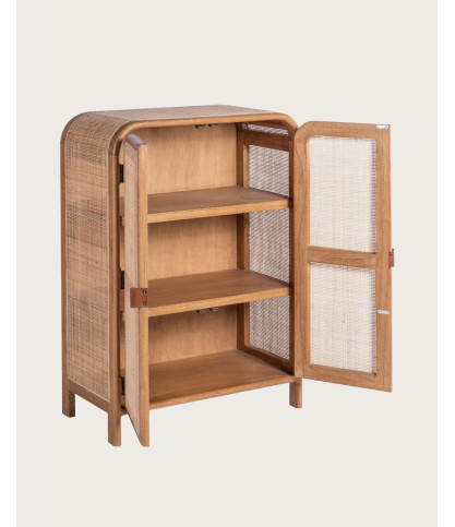Tiraya - Pequeño armario de almacenamiento hecho de madera de Mindi y ratán natural.