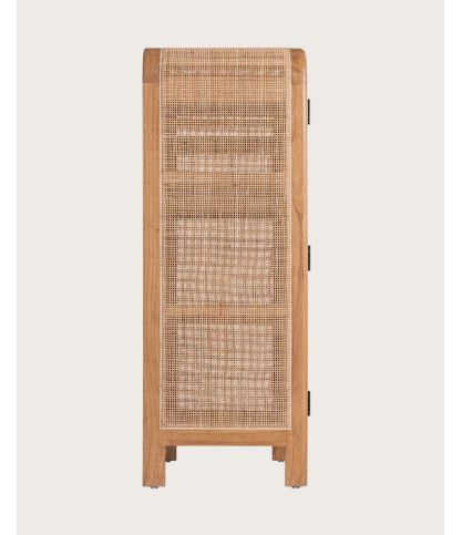 Tiraya - Pequeño armario de almacenamiento hecho de madera de Mindi y ratán natural.
