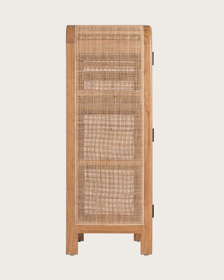 Tiraya – Kleiner Aufbewahrungsschrank aus Mindi-Holz und Naturrattan