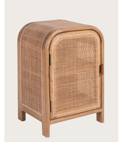Tiraya - Table de nuit bois avec porte en rotin naturel