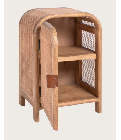 Tiraya - Table de nuit bois avec porte en rotin naturel