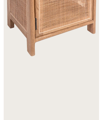 Tiraya - Table de nuit bois avec porte en rotin naturel