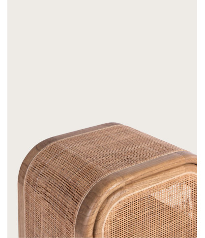 Tiraya - Table de nuit bois avec porte en rotin naturel