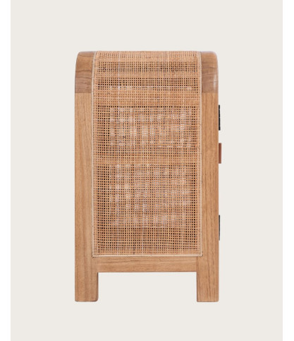 Tiraya - Table de nuit bois avec porte en rotin naturel