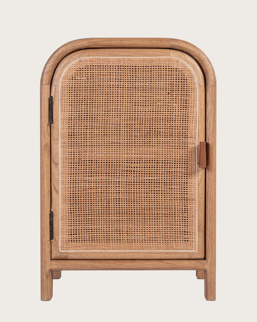 Tiraya - Table de nuit bois avec porte en rotin naturel