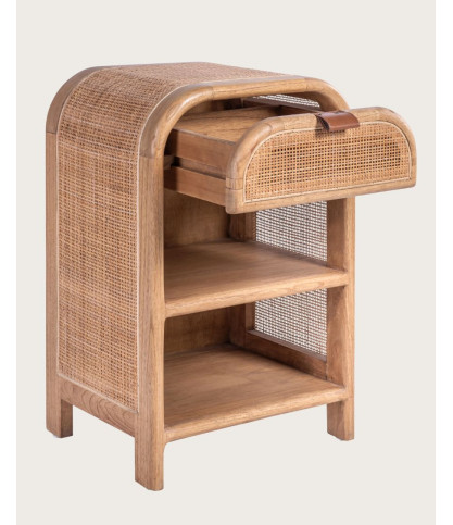 Tiraya - Mesita de noche en madera y ratán natural