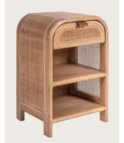 Tiraya - Mesita de noche en madera y ratán natural