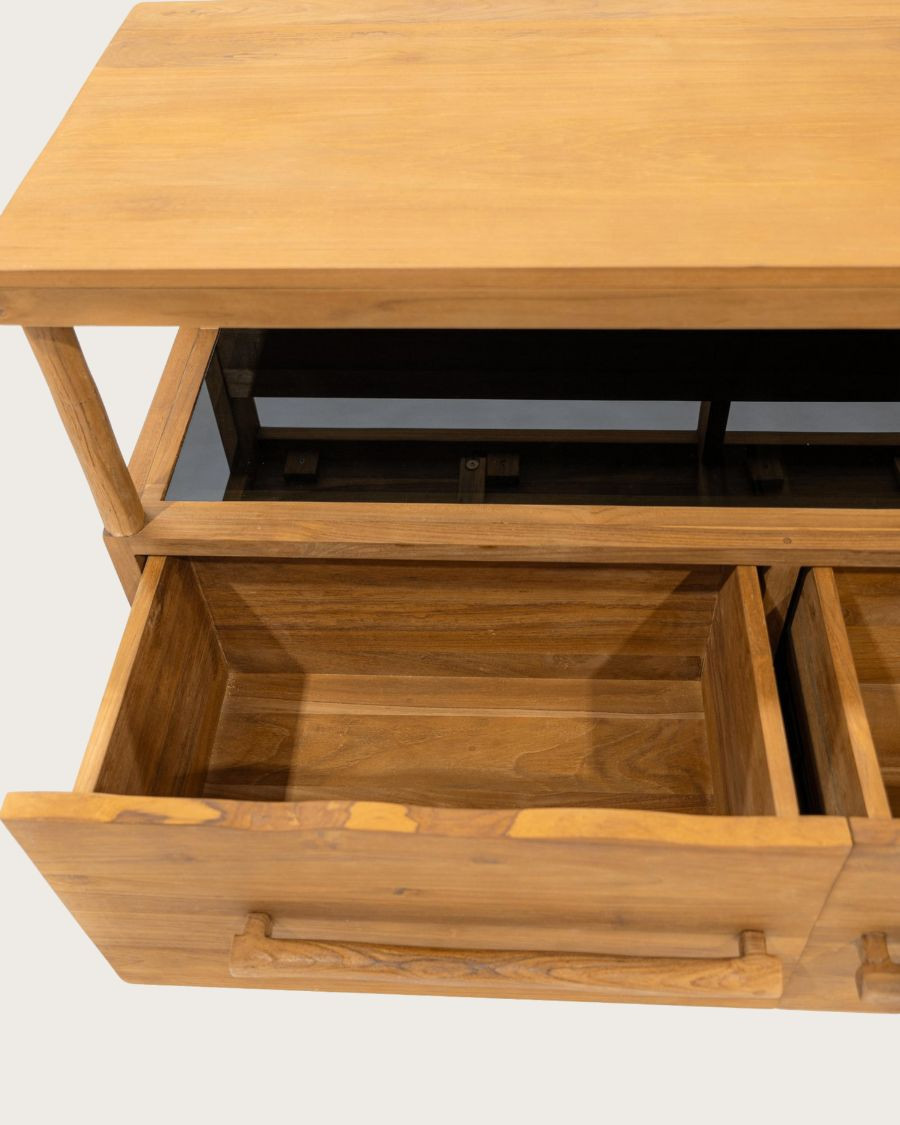 Névia - Mobiletto da bagno in teak con ripiano in vetro, 140 cm