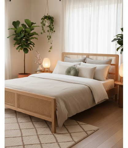 Tiraya – Bett aus massivem Mindi-Holz und Rattan