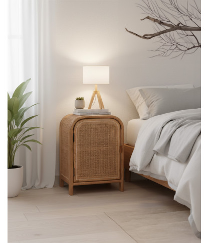 Tiraya - Table de nuit bois avec porte en rotin naturel