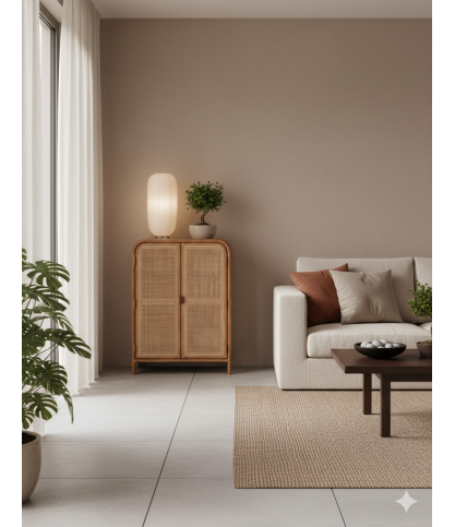 Tiraya - Pequeño armario de almacenamiento hecho de madera de Mindi y ratán natural.
