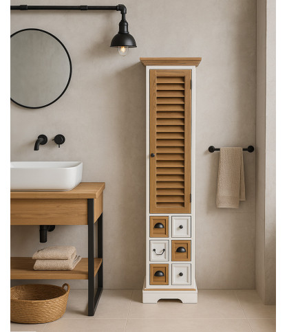 Inda - Colonne de salle de bain en bois massif blanche et naturelle