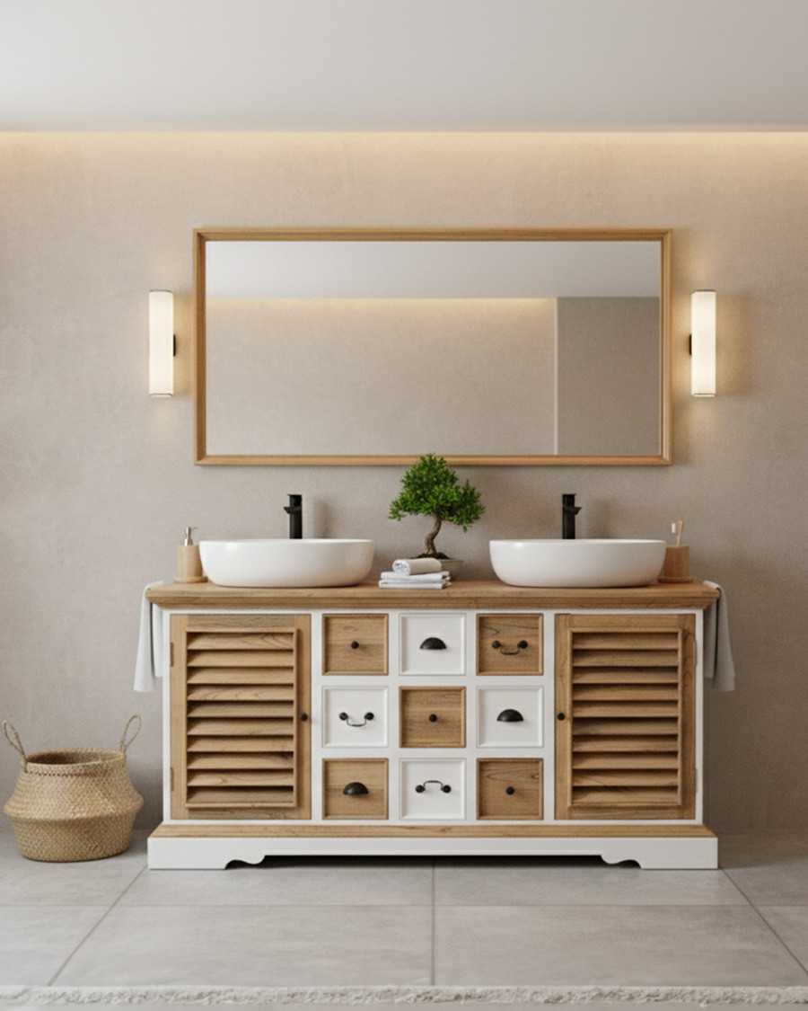 Inda - Grand meuble de salle de bain en bois massif blanc et naturel