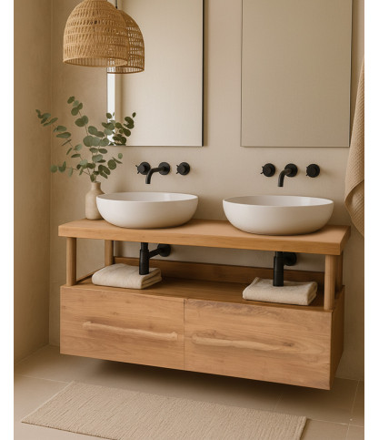 Névia - Meuble salle de bain en teck avec étagère en verre 140 cm