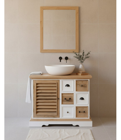 Inda Badezimmer-Waschtisch aus Massivholz, weiß-naturfarben, 6 Schubladen