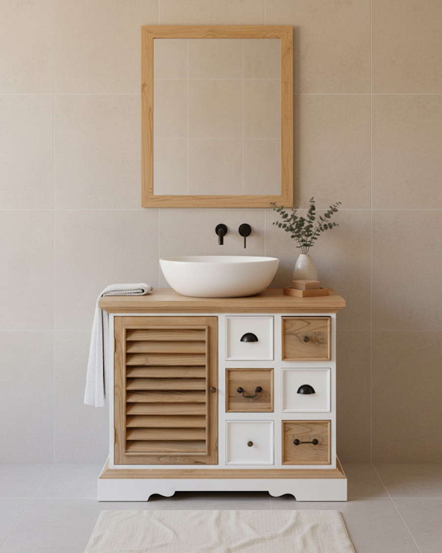 Inda badkamermeubel van massief hout, wit en naturel afwerking, 6 lades