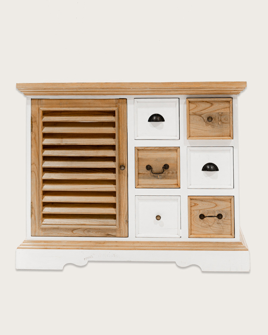 Mobile bagno Inda in legno massello, bianco e naturale, 6 cassetti - vista frontale