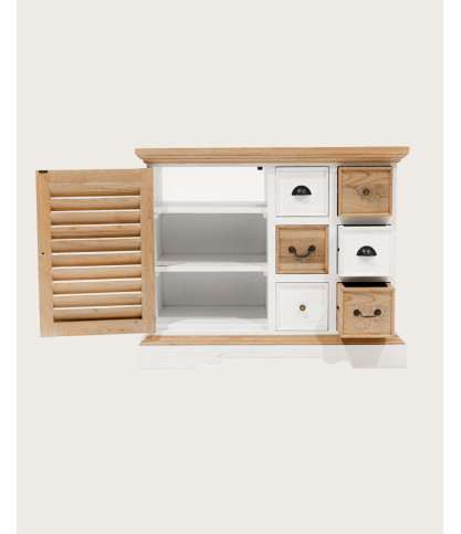 Inda bathroom vanity unit in solid wood, white and natural, 6 drawers - front view with doors open