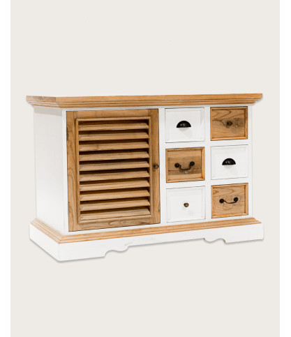 Mobile bagno Inda in legno massello, bianco e naturale, 6 cassetti - vista laterale