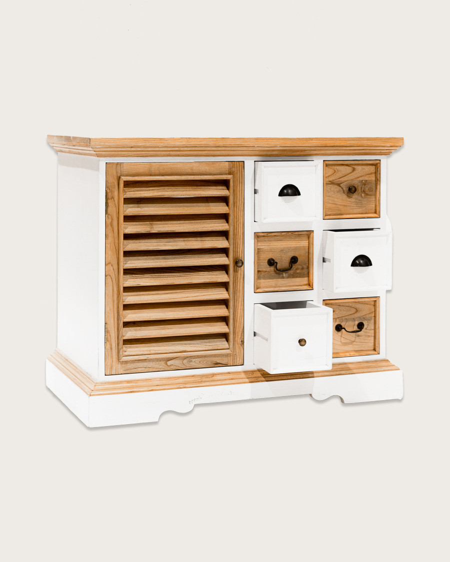 Mobile bagno Inda in legno massello, bianco e naturale, 6 cassetti - vista laterale con cassetti aperti