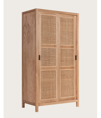 Tiraya - Armoire portes coulissantes en bois de Mindi et rotin naturel