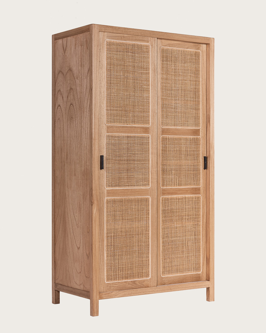 Tiraya - Wardrobe with sliding doors in Mindi wood and natural rattan