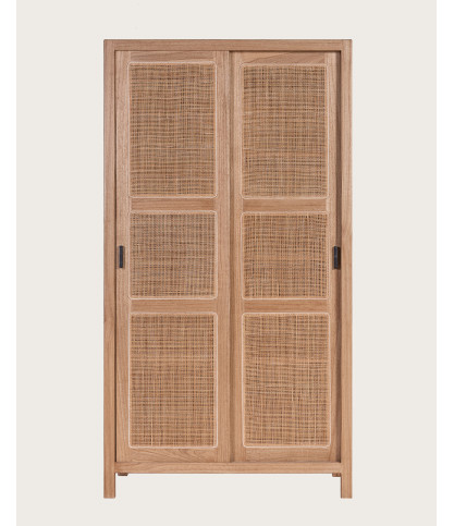Tiraya - Armoire portes coulissantes en bois de Mindi et rotin naturel