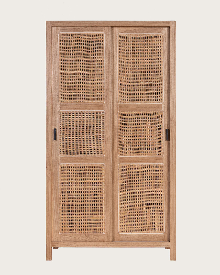 Tiraya - Armoire portes coulissantes en bois de Mindi et rotin naturel