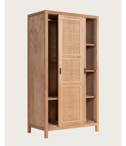 Tiraya - Armoire portes coulissantes en bois de Mindi et rotin naturel
