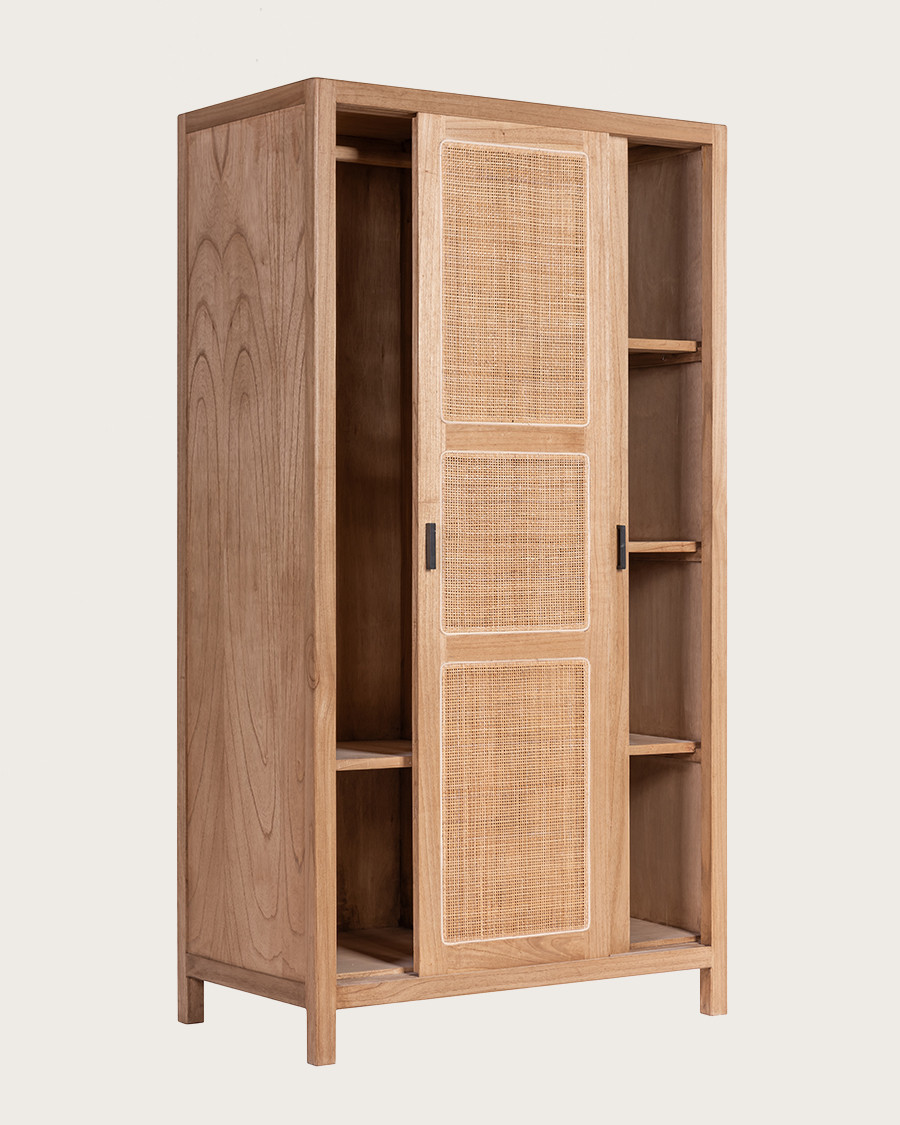 Tiraya - Kledingkast met schuifdeuren van Mindi-hout en natuurlijk rotan