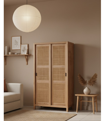 Tiraya - Armoire portes coulissantes en bois de Mindi et rotin naturel