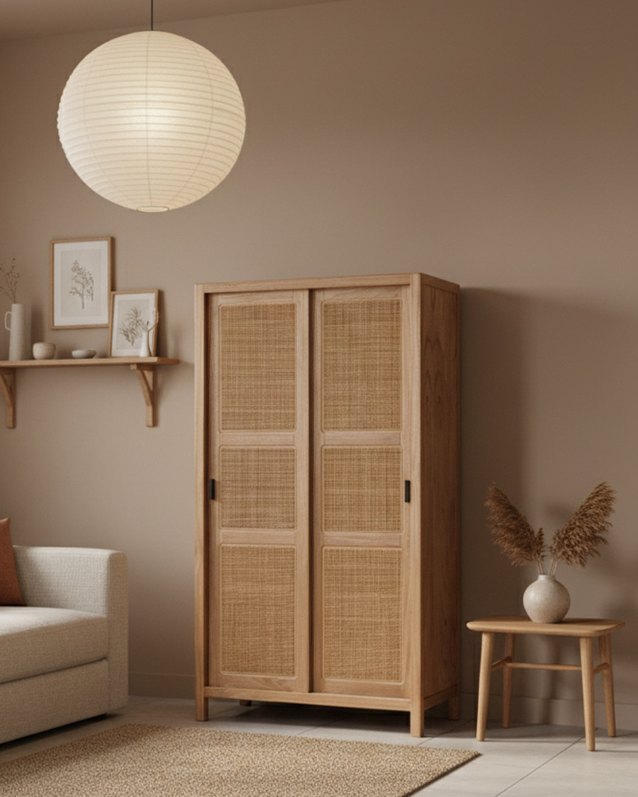 Tiraya - Armoire de rangement en bois de Mindi et rotin naturel