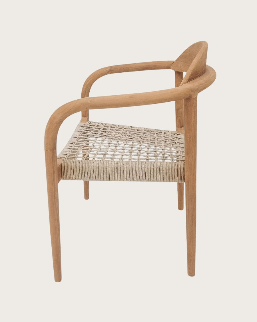 Kima - Set van 2 Kima stoelen van massief teakhout met beige touw.