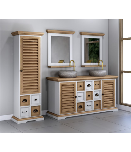 Inda - Grand meuble salle de bain en bois massif blanche et naturelle