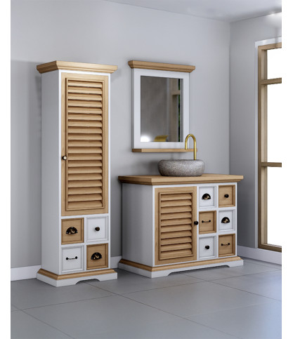 Inda - Meuble salle de bain en bois massif blanche et naturelle