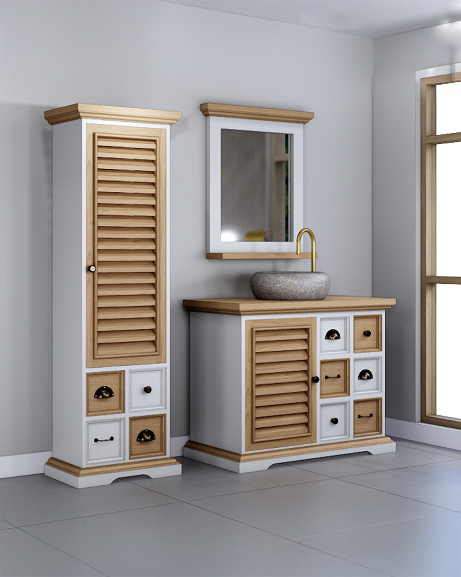 Inda - Meuble salle de bain en bois massif blanche et naturelle