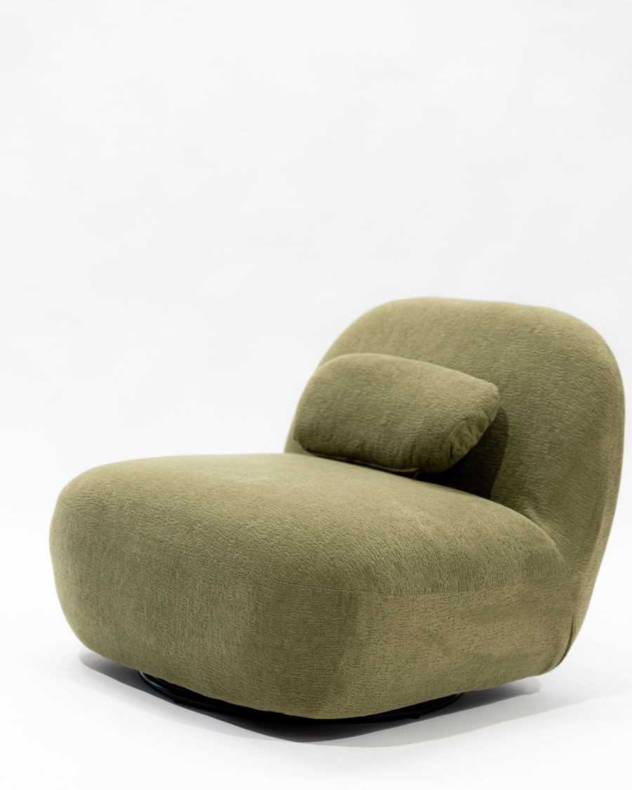 Orba - Poltrona girevole a 360° in tessuto a trama bouclé verde kaki