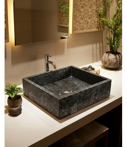 Malka - Vasque à poser rectangle marbre terrazzo premium noire