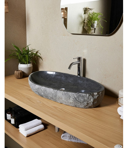 Anta - Lavabo ovalado plano de piedra de río negra