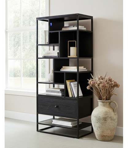 Como - Large industrial shelf in solid teak and black metal