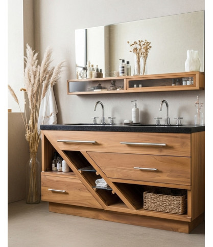 Diva - Meuble salle de bain en teck et marbre terrazzo noir 145 cm