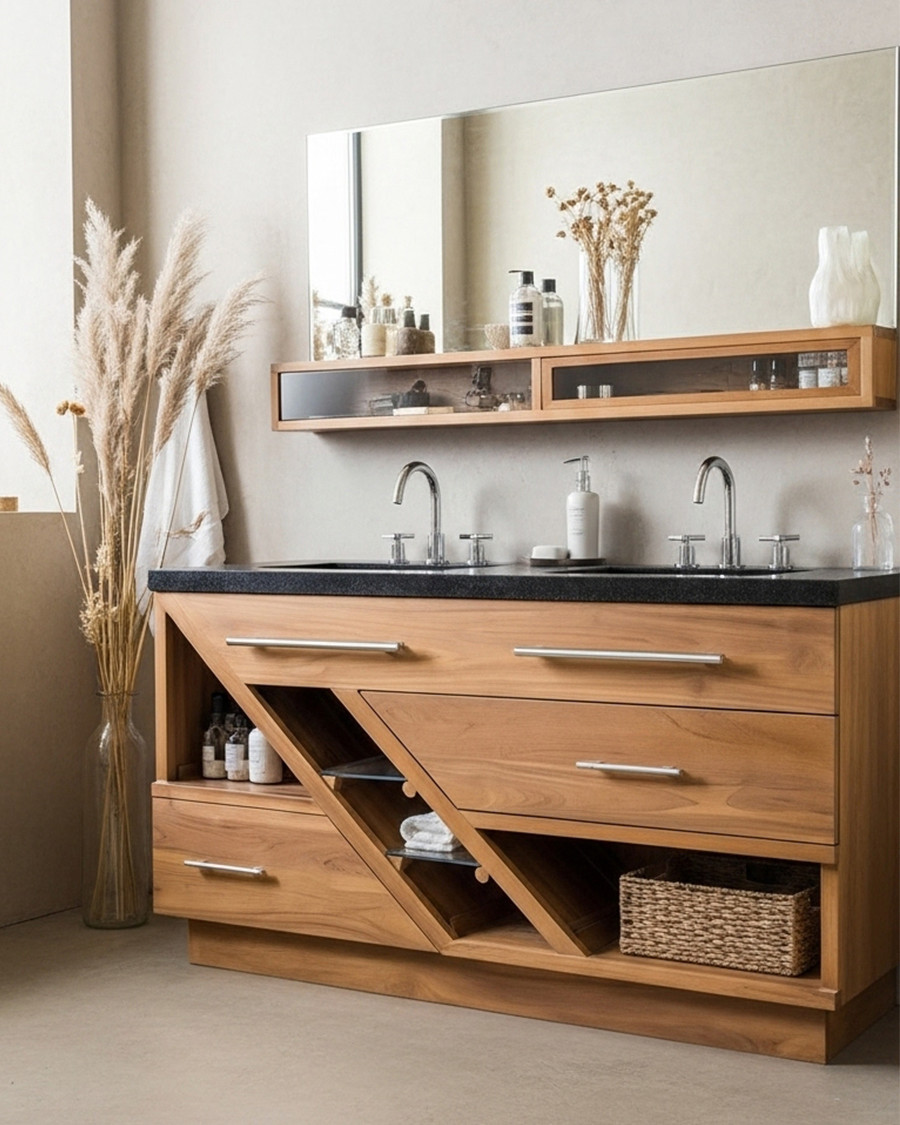 Diva - Mueble de baño de teca y mármol terrazo negro de 145 cm
