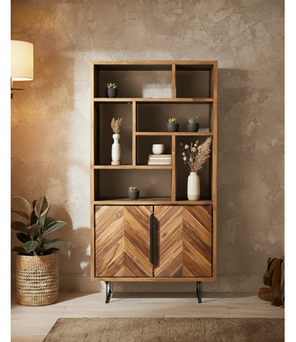 Kappa - Small industrial bookcase in reclaimed teak maffis with chevron pattern 100 cm