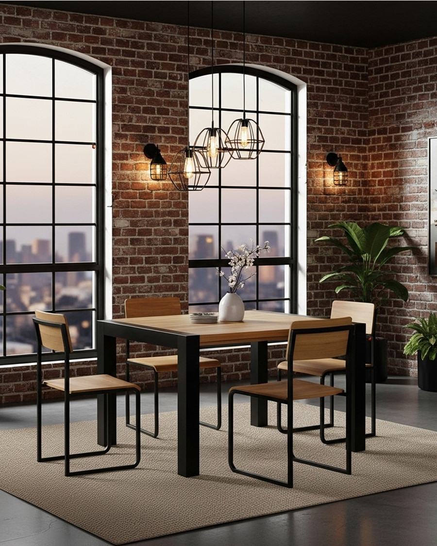Arche - Mesa de comedor cuadrada de teca maciza y metal, 130 cm de largo, 8 personas.