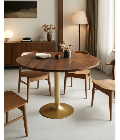 Prague - Table repas ronde en bois massif et pied tulipe doré D110 cm 6 pers