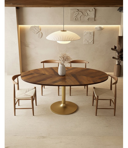 Mesa de comedor ovalada Leaf de madera de mango y metal dorado, 160 cm de largo, para 8 personas.
