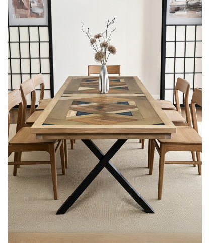Bucarest - Table repas en manguier massif marqueté L200 cm 10 pers.