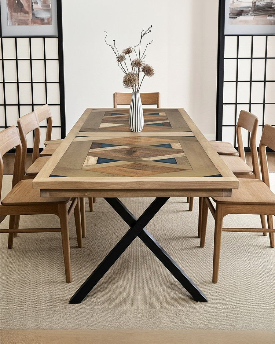 Bucarest - Mesa de comedor de madera maciza de mango con marquetería L200 cm, 10 personas.